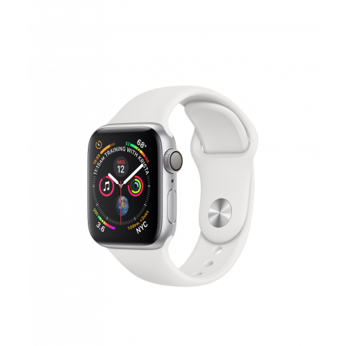 Apple Watch Series 4 GPS se 40mm pouzdrem ze stříbrného hliníku a bílým sportovním řemínkem